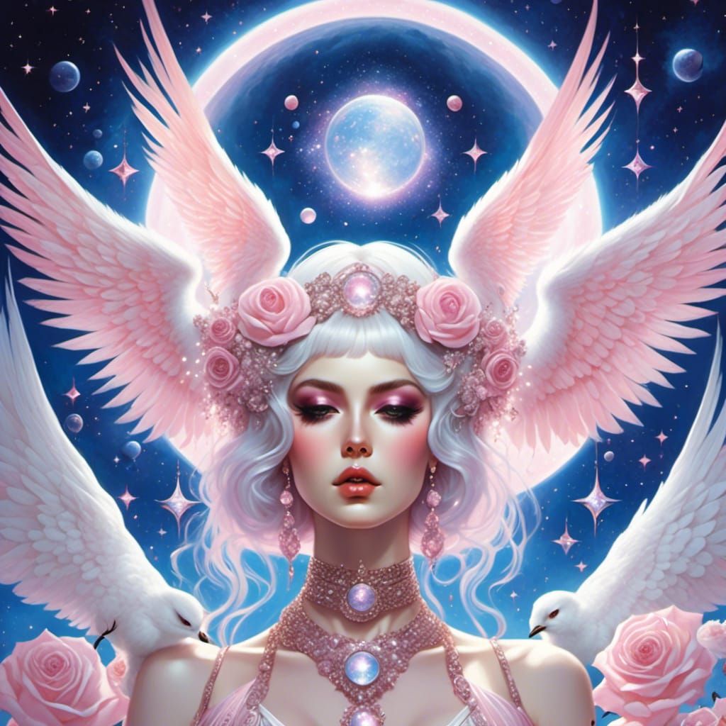 Gothic Space Witch with Roses and Cosmic Sky