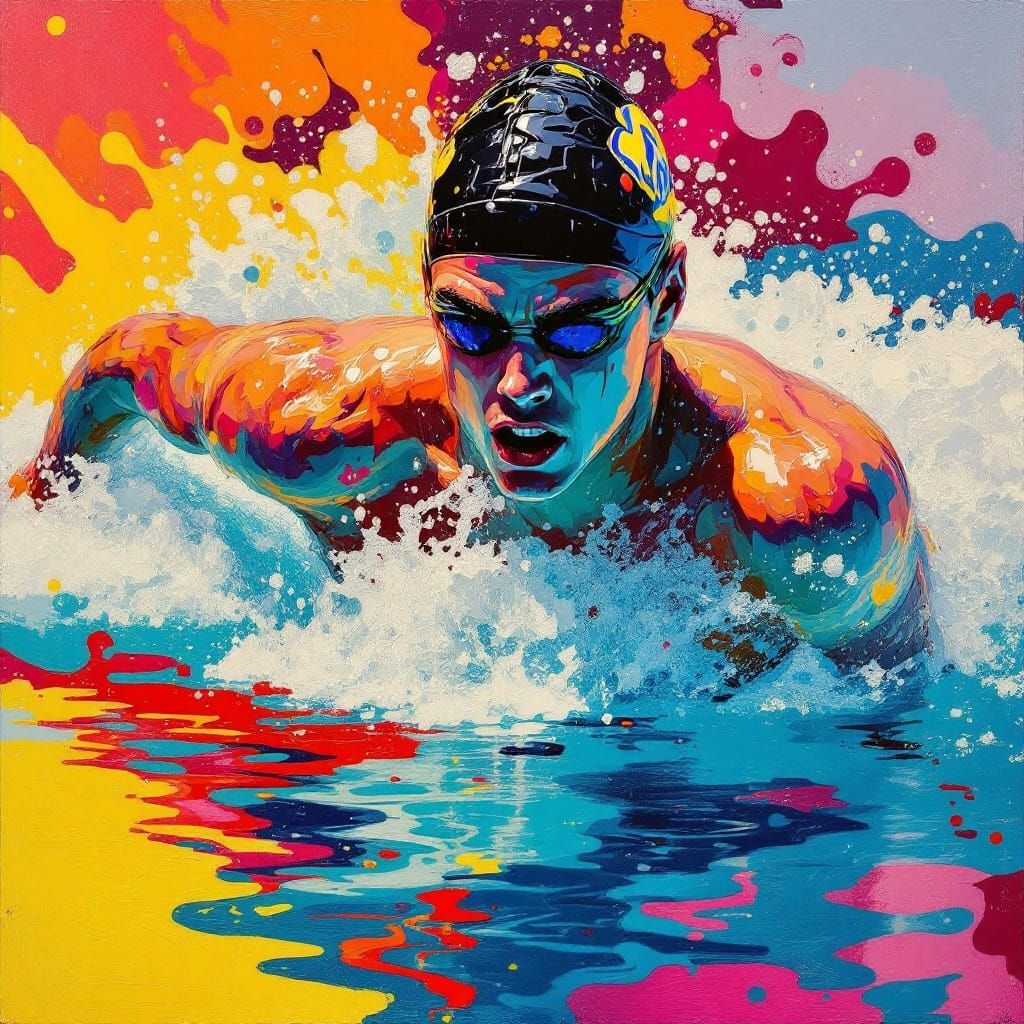 Dynamic Swimmer Portrait in Vibrant Oil Painting Style