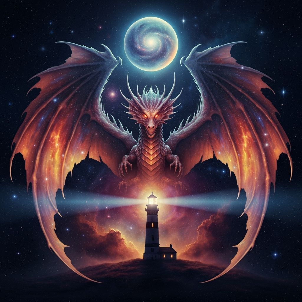 Nebula Dragon Enfolding Lighthouse in Cosmic Art Style