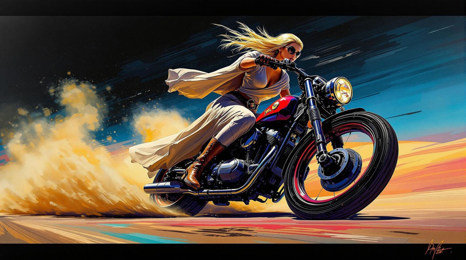 Woman on Motorcycle Speeds Through Desert as Impasto Paintin...