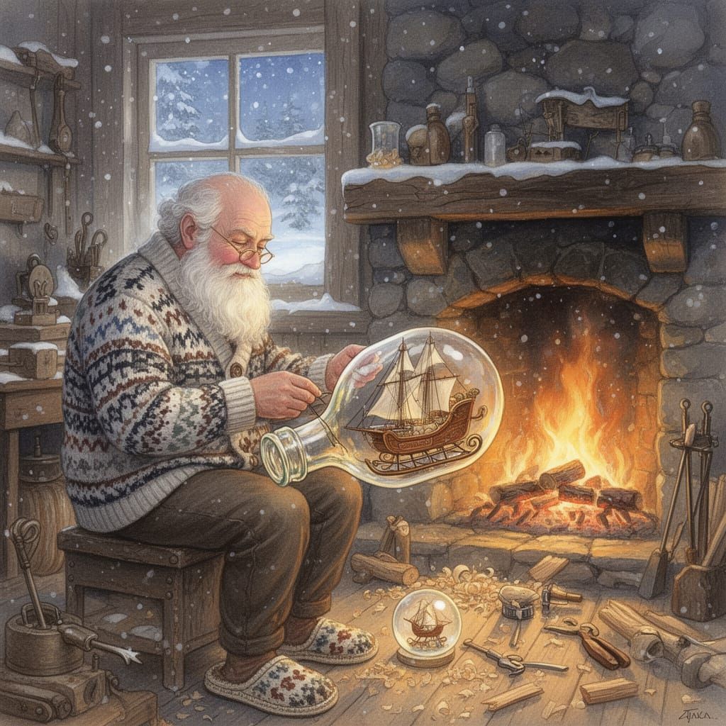 Santa Claus Crafting a Ship-in-a-Bottle at North Pole