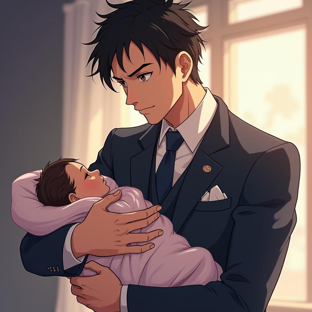 Levi Ackerman Holding Baby Girl in Anime Style