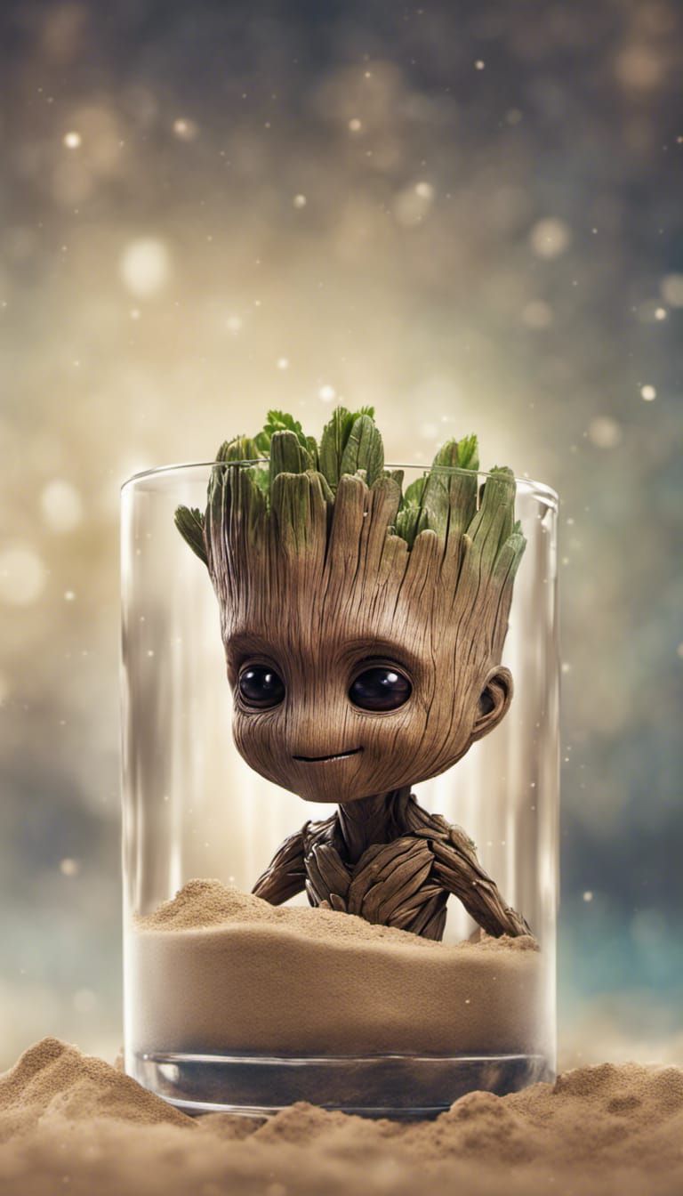 Hyperrealistic Baby Groot in Sand Glass Splash Art