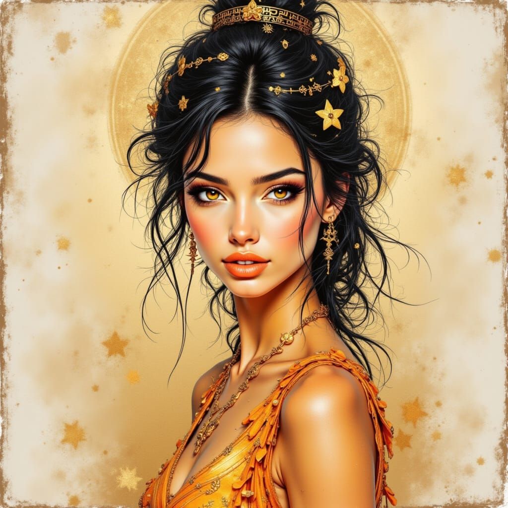 Elegant Woman Portrait in Alphonse Mucha Style