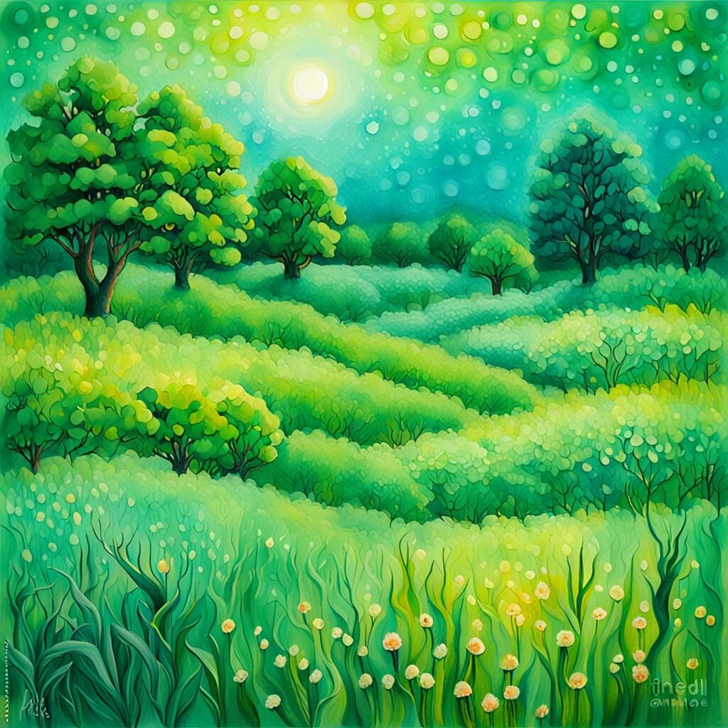 Lush Green Prairie in Neo-Impressionist Style