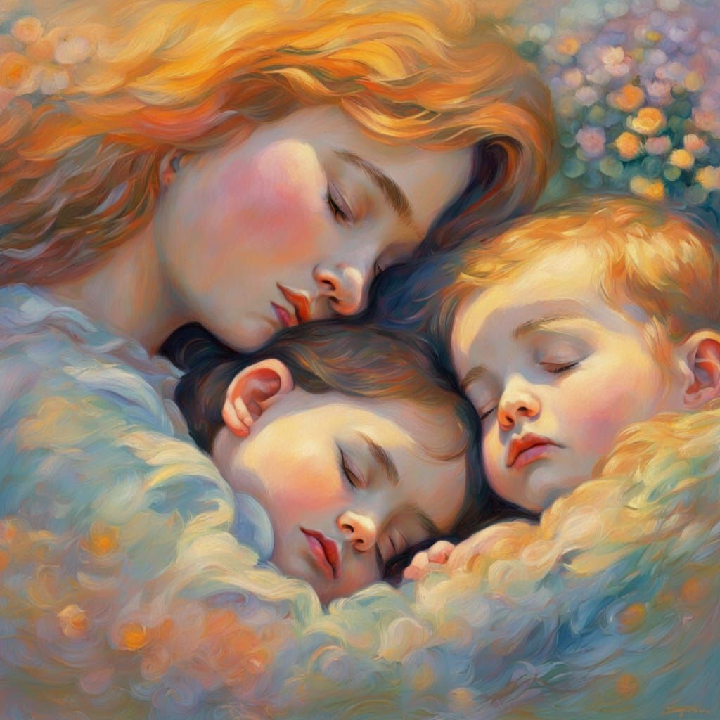 Neo-Impressionist Mother and Child in Golden Light