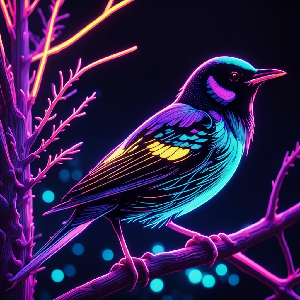 Neon Starling in Ultraviolet Night: 8k Photography