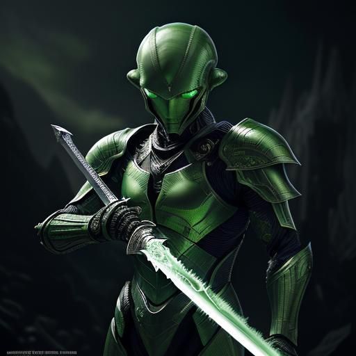 Alien Warrior with Flaming Sword in Hyperrealism