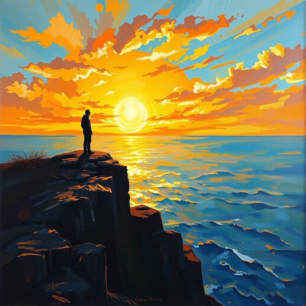 A single figure silhouetted against a vibrant sunset, standi...