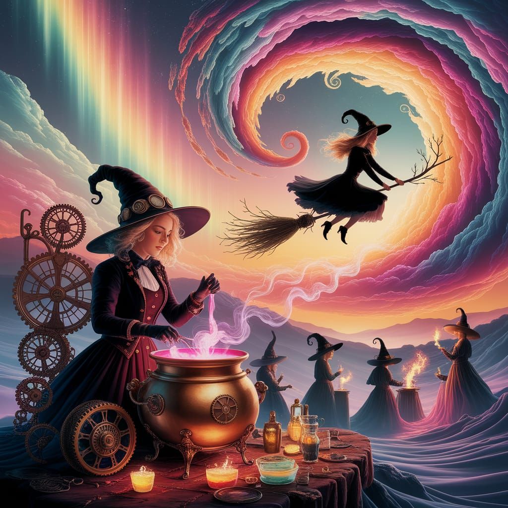 Steampunk Witches Brew Potions Under Aurora Sky