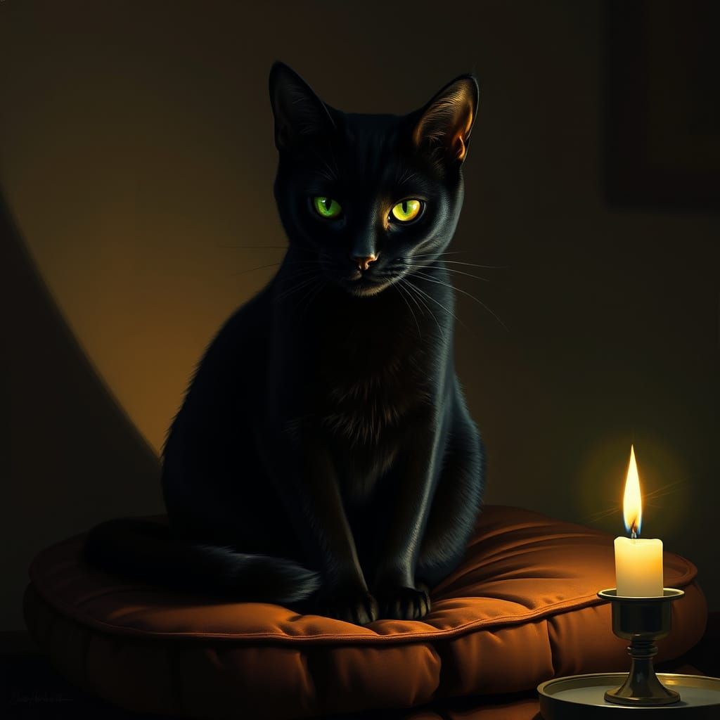 Mysterious Black Cat with Emerald Eyes on Velvet Cushion