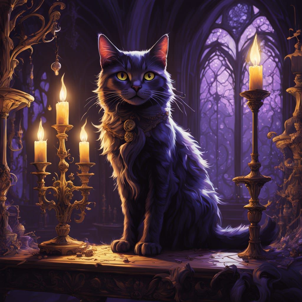 Kittens and Witch in Whimsical Gothic Art