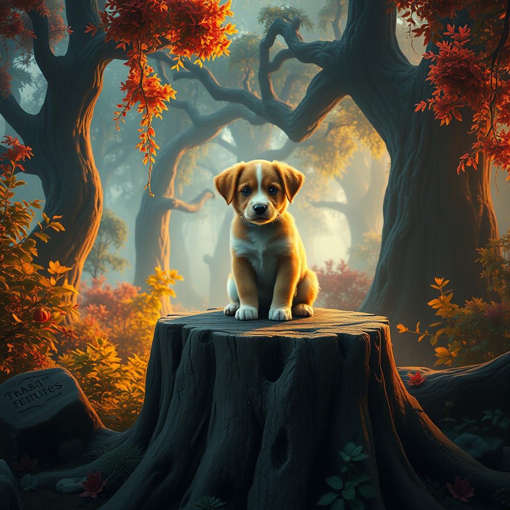 Regal Puppy on Ancient Tree Stump in Vibrant Forest