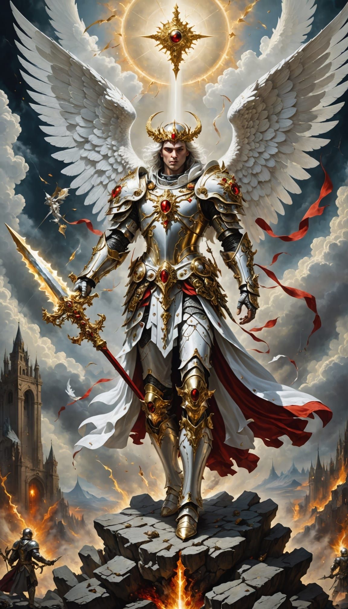 Surreal White Fractal Landscape with Angelic Warrior