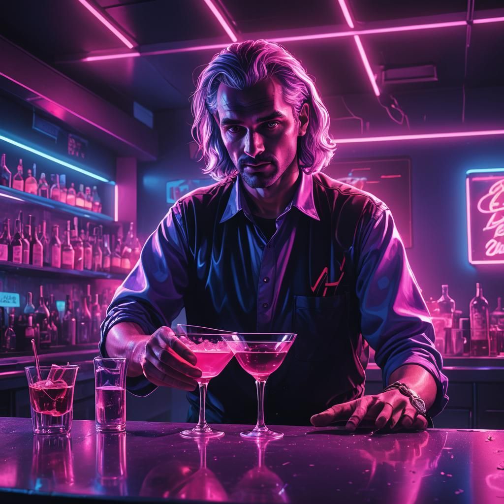 Drow Barman in Synthwave Neon-Noir Style