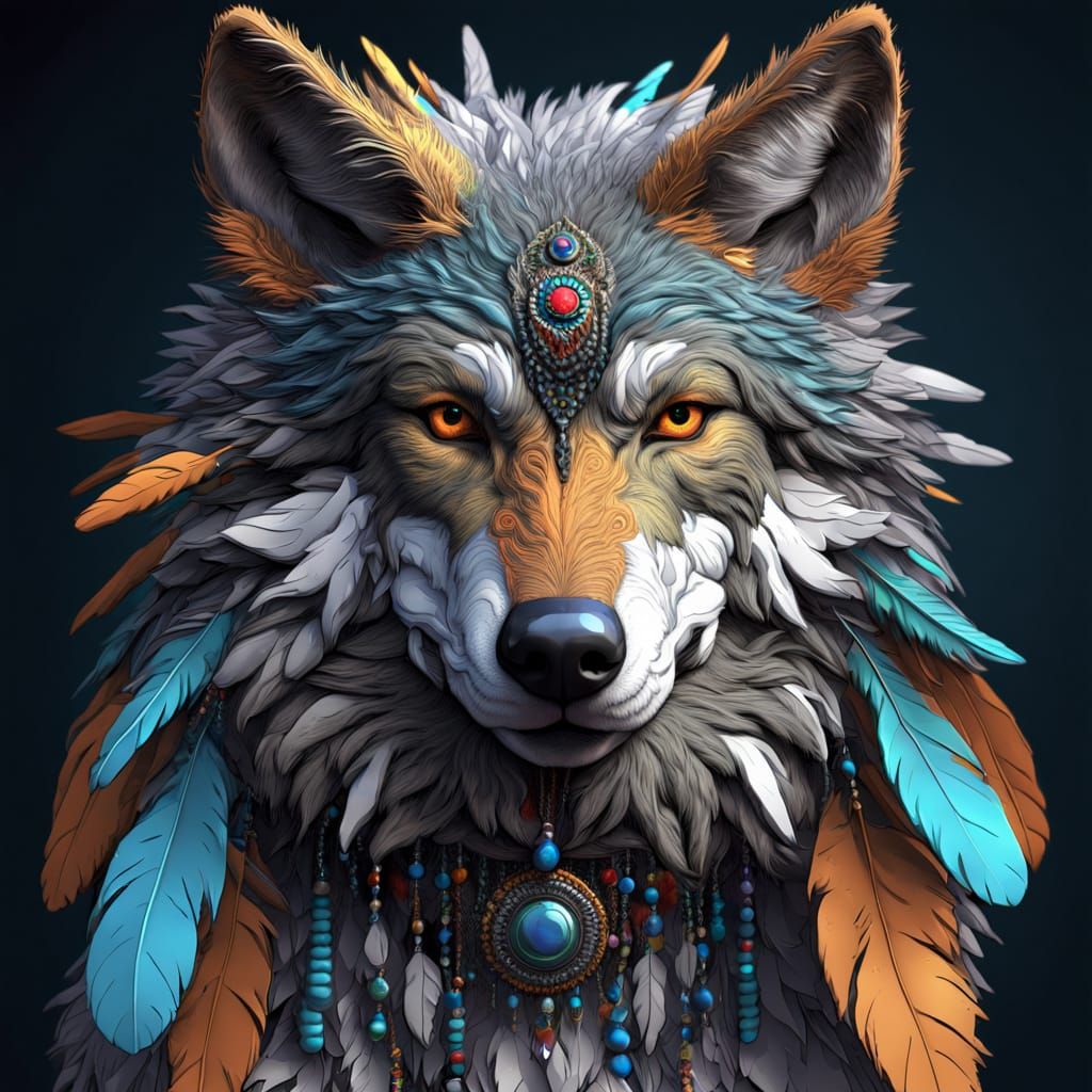 Cyberpunk Wolf Portrait with Feathers and Beads