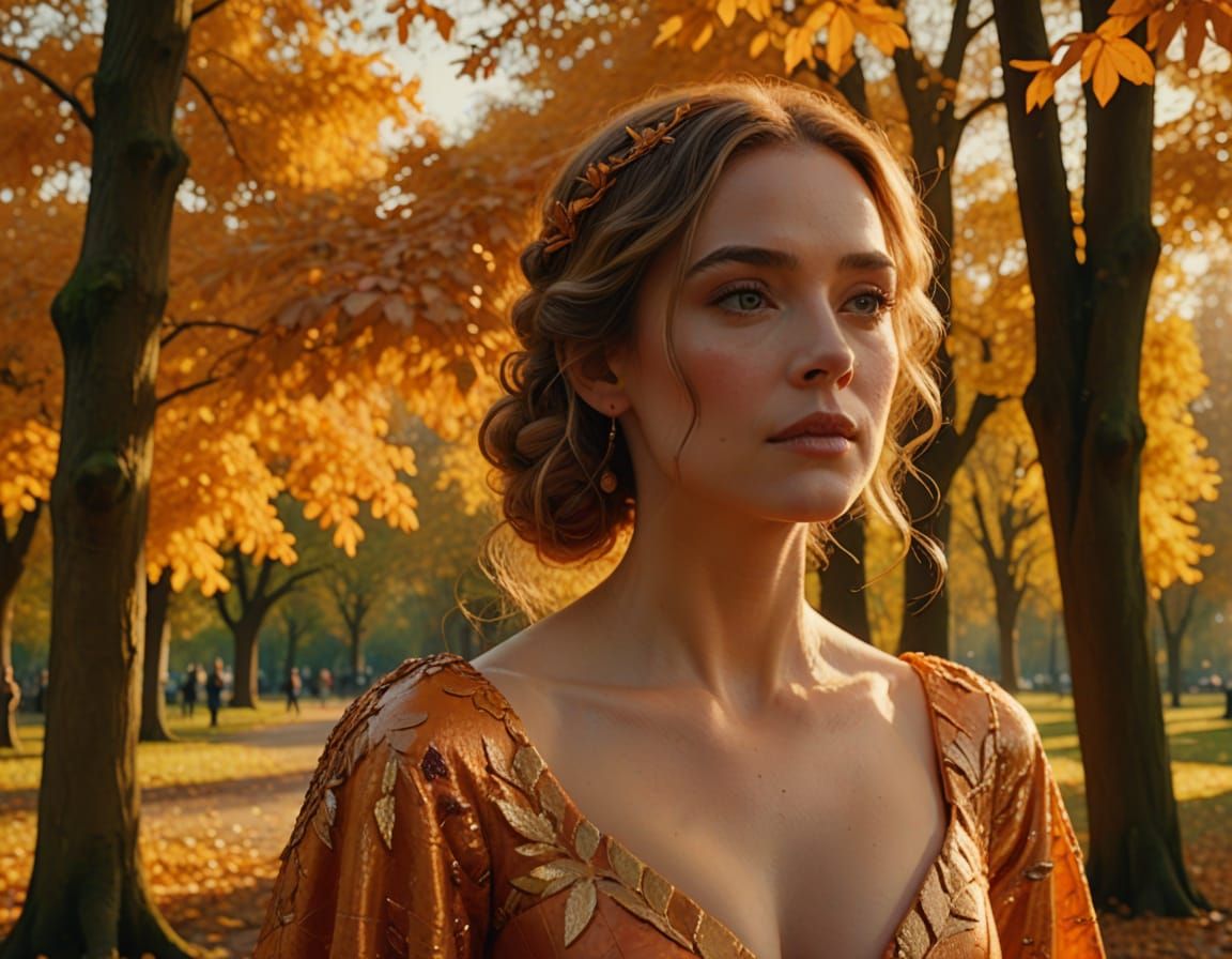 Woman in Orange Gown in Autumn Park