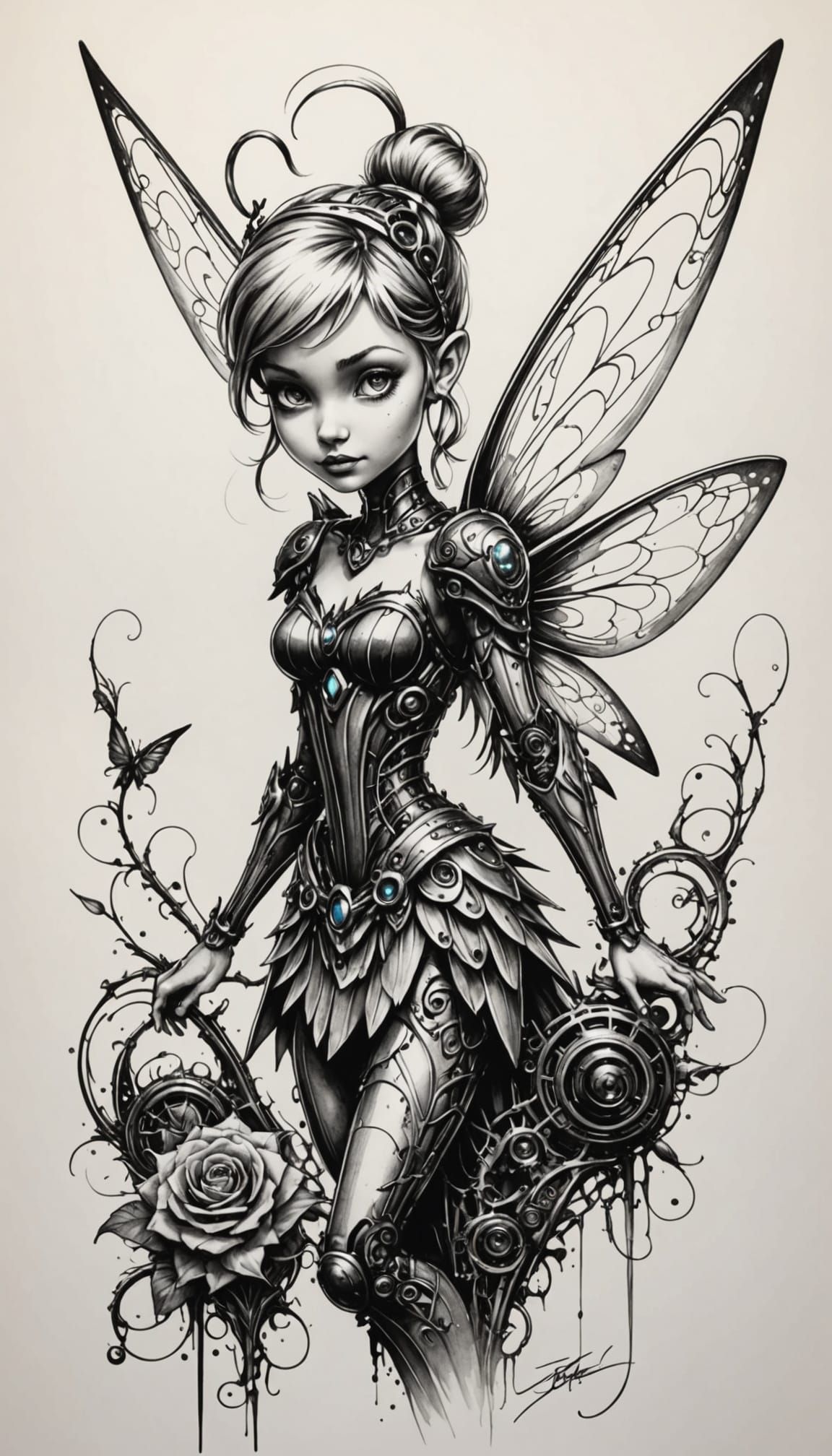 Biomechanical Ink Sketch of Tinkerbell