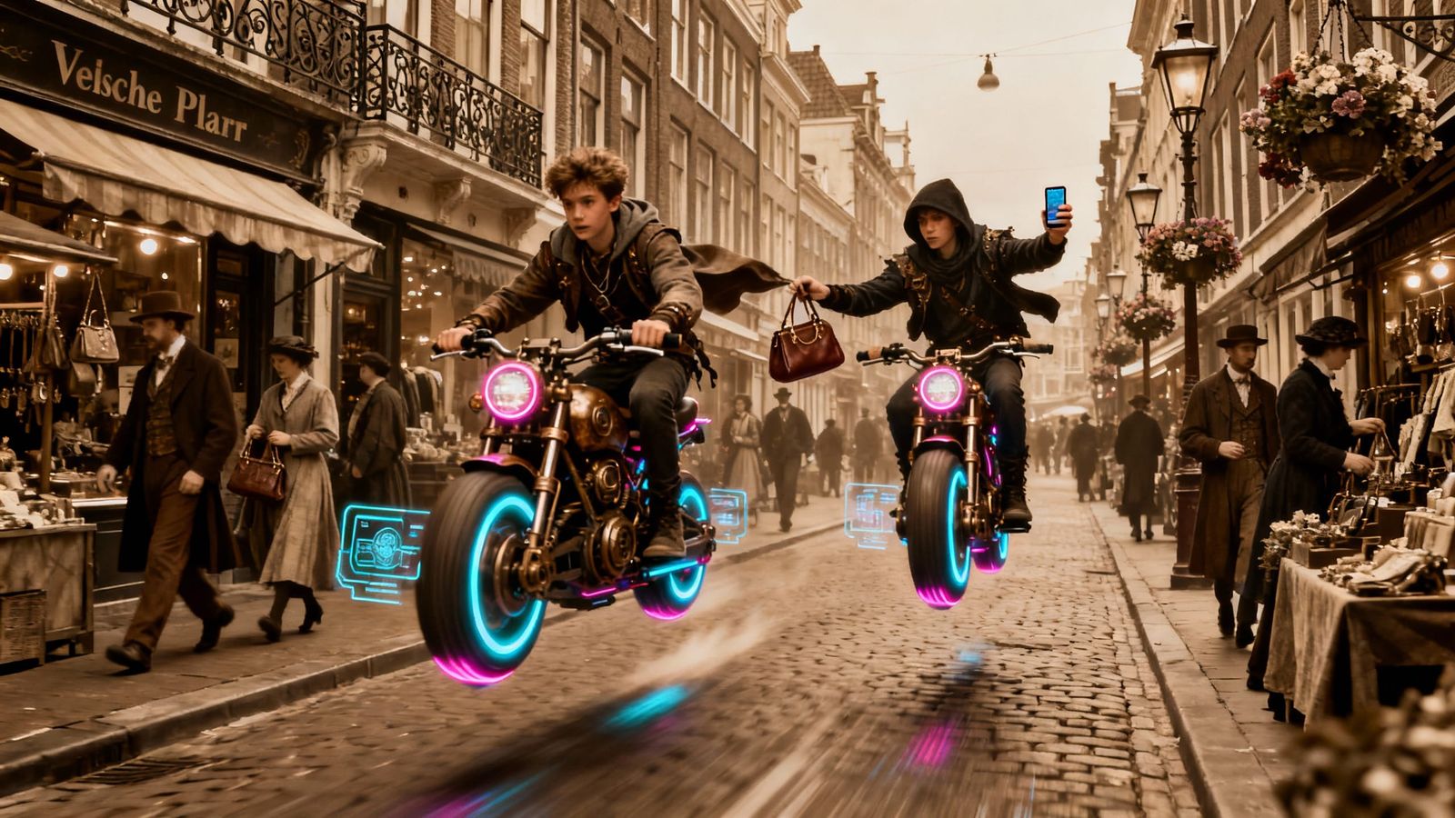 Victorian Amsterdam Street Scene with Hover Bike Thieves