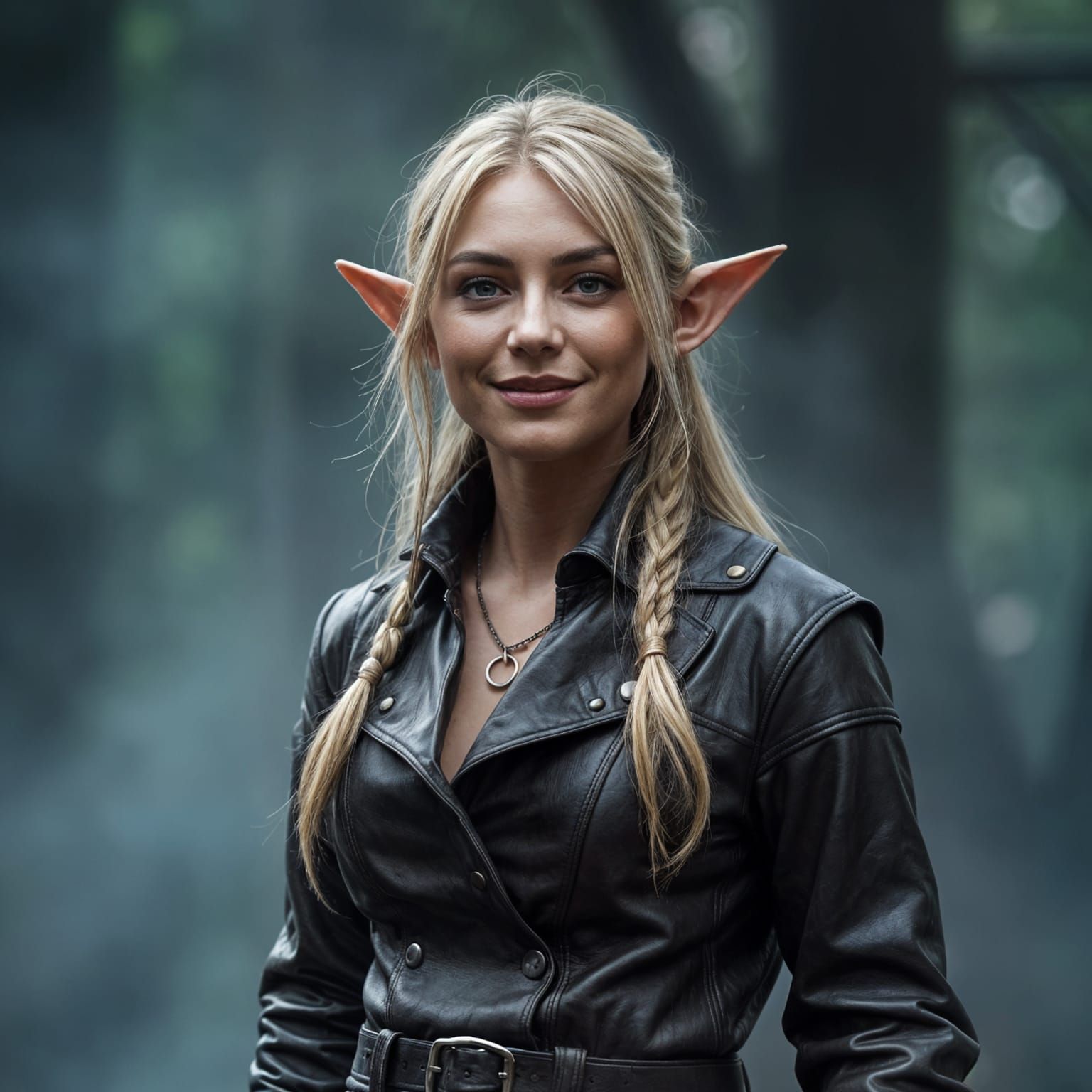 Hyperrealistic Happy Elf in Foggy Setting