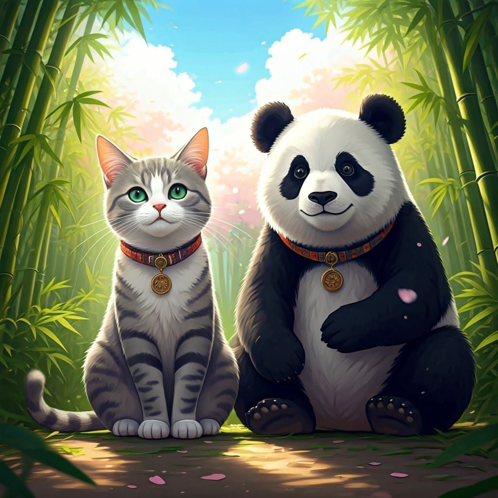 Best Friends Forever: Cat and Panda in Bamboo Forest