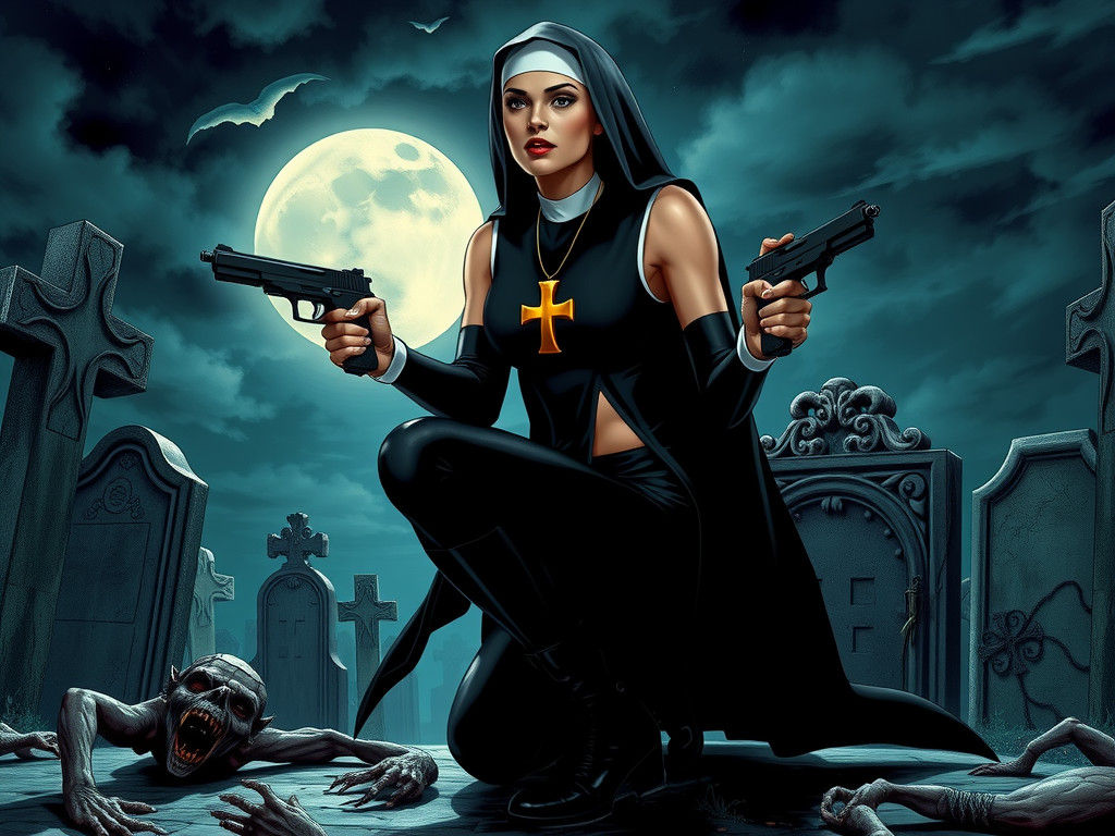 Gun-Wielding Nun in Graveyard, Gothic Art Style