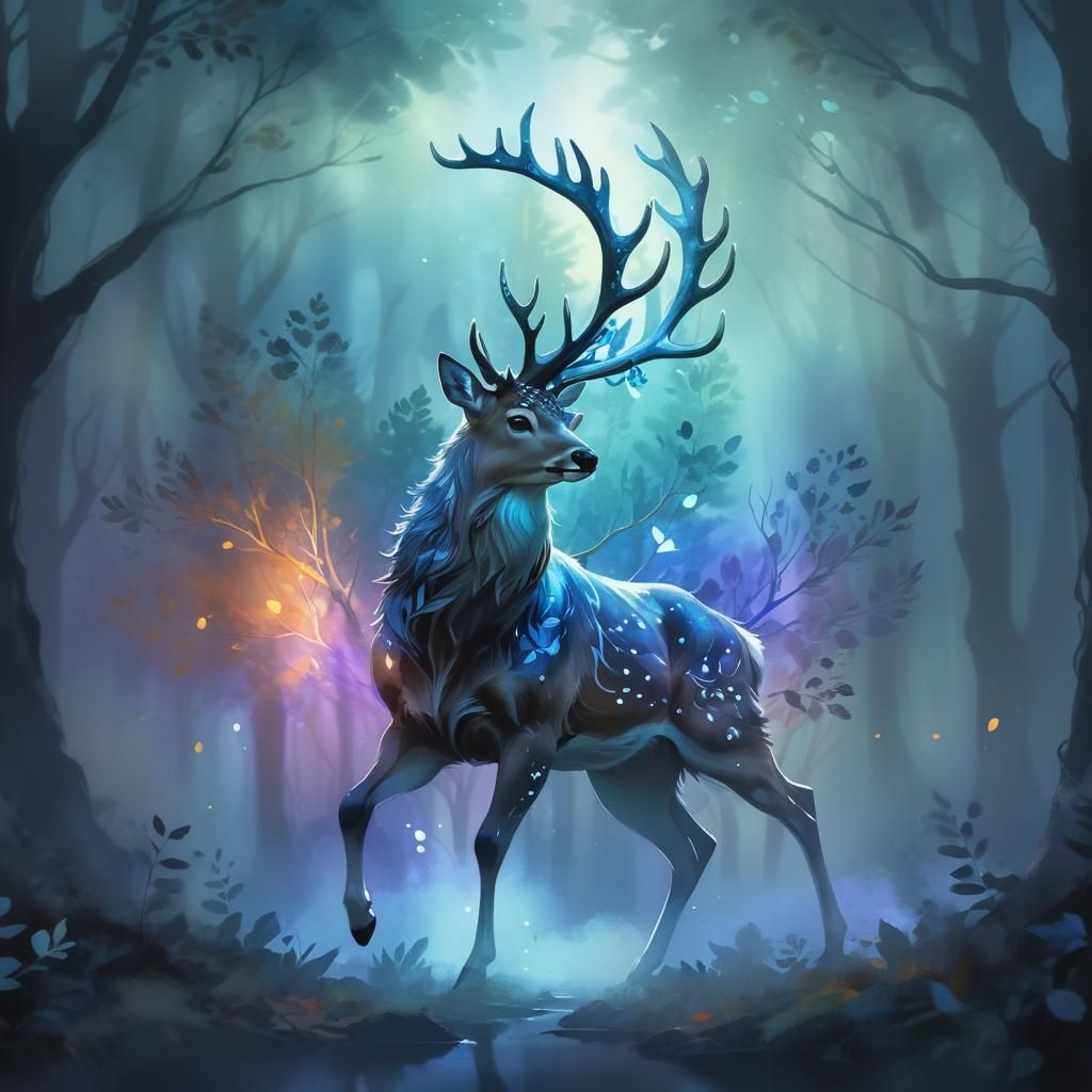 Mystical Deer in Watercolor Fantasy Forest