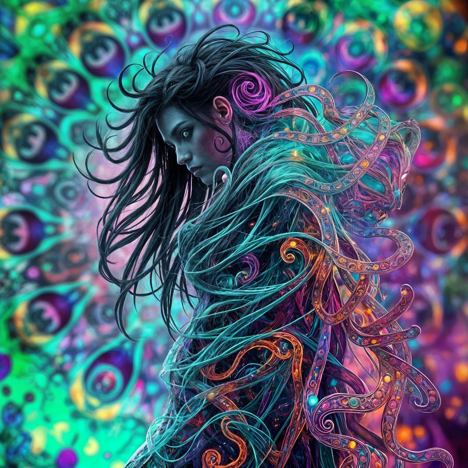 Vibrant Fantasy Character in Optical Illusion