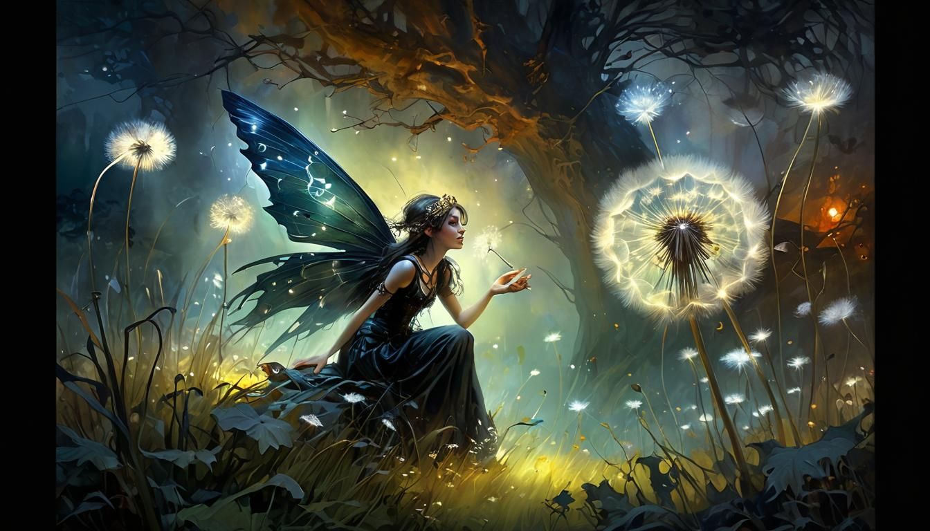 Steampunk Fairy Blowing Dandelion in Dark Art Style