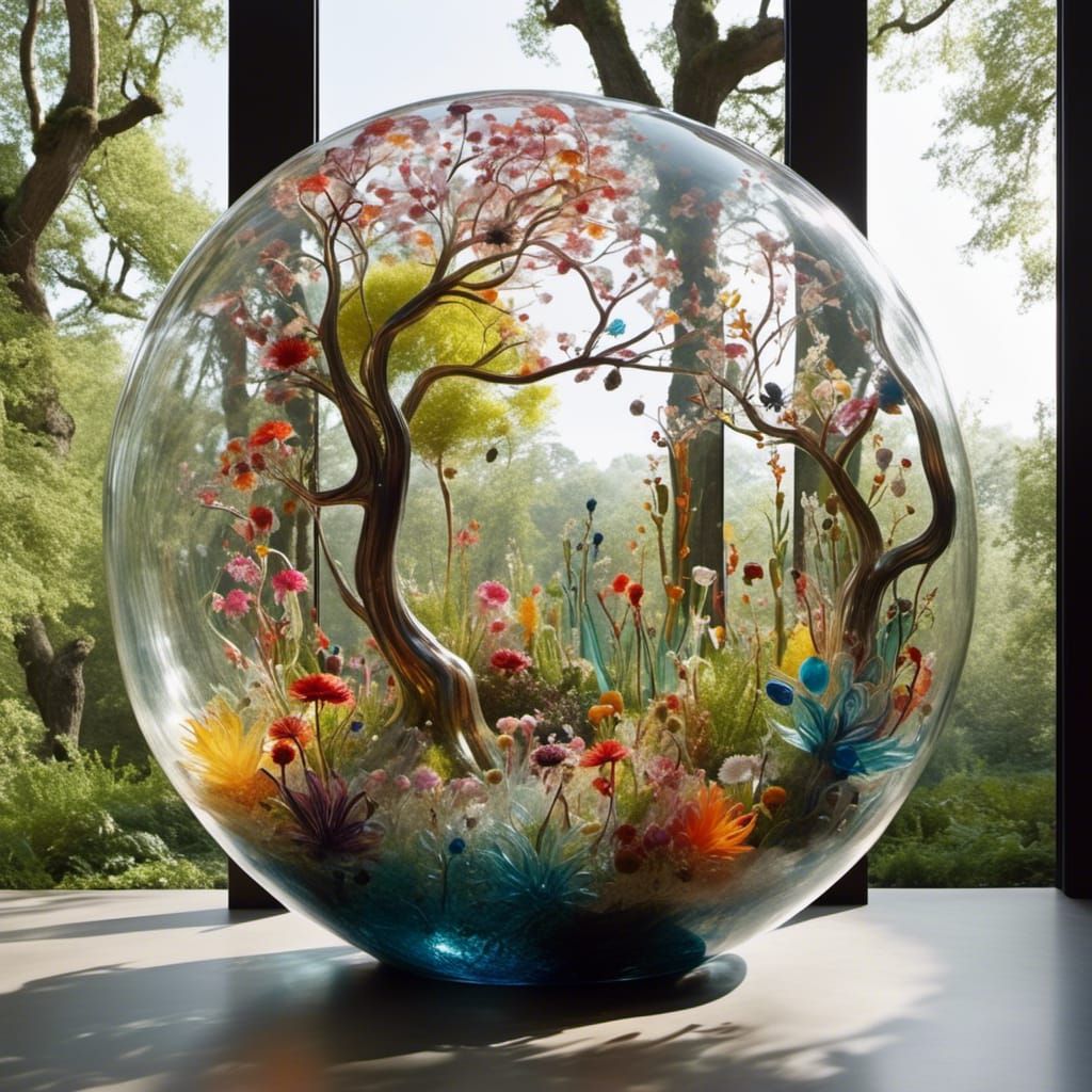 Glass Bubble Sculpture with Colorful Garden