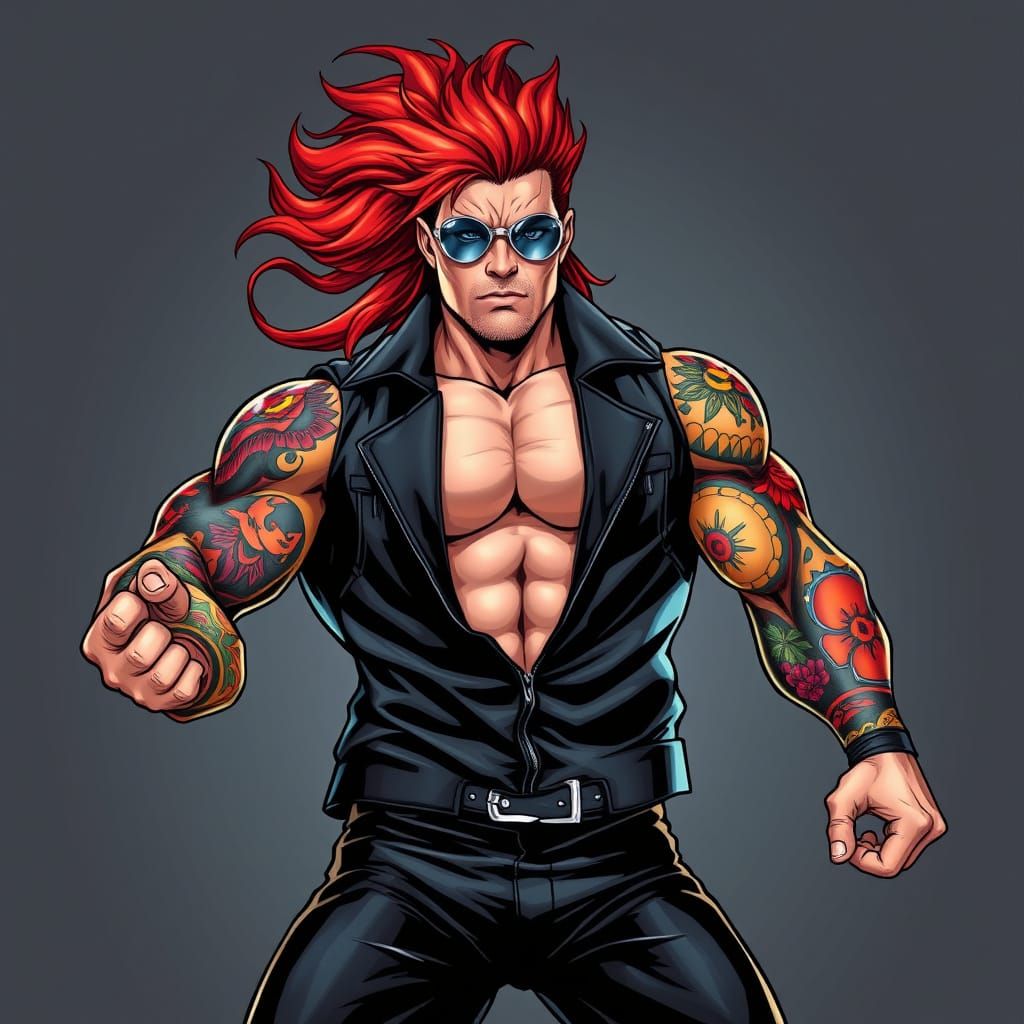 Muscular Red-Haired Wrestler in Silver Sunglasses and Black ...