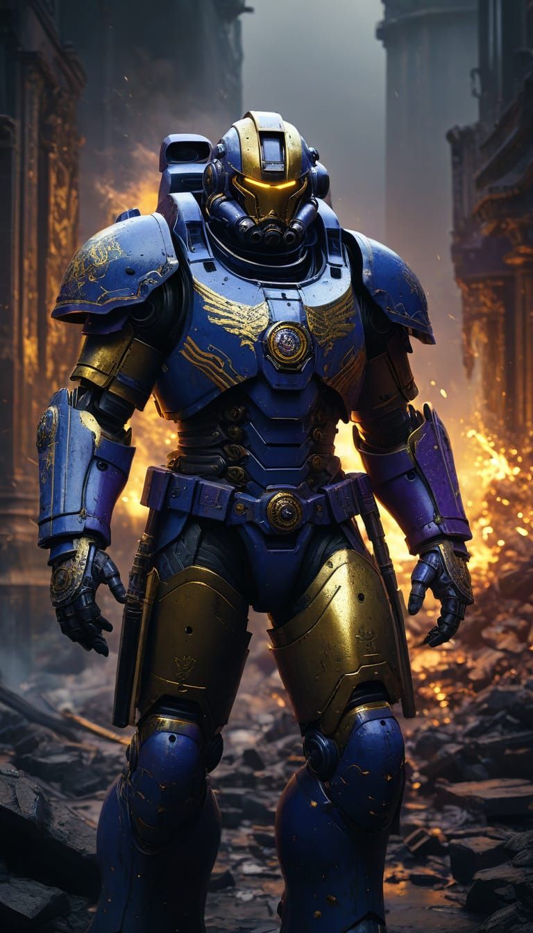 Noble Blood Marine in Ornate Blue and Gold Power Armor