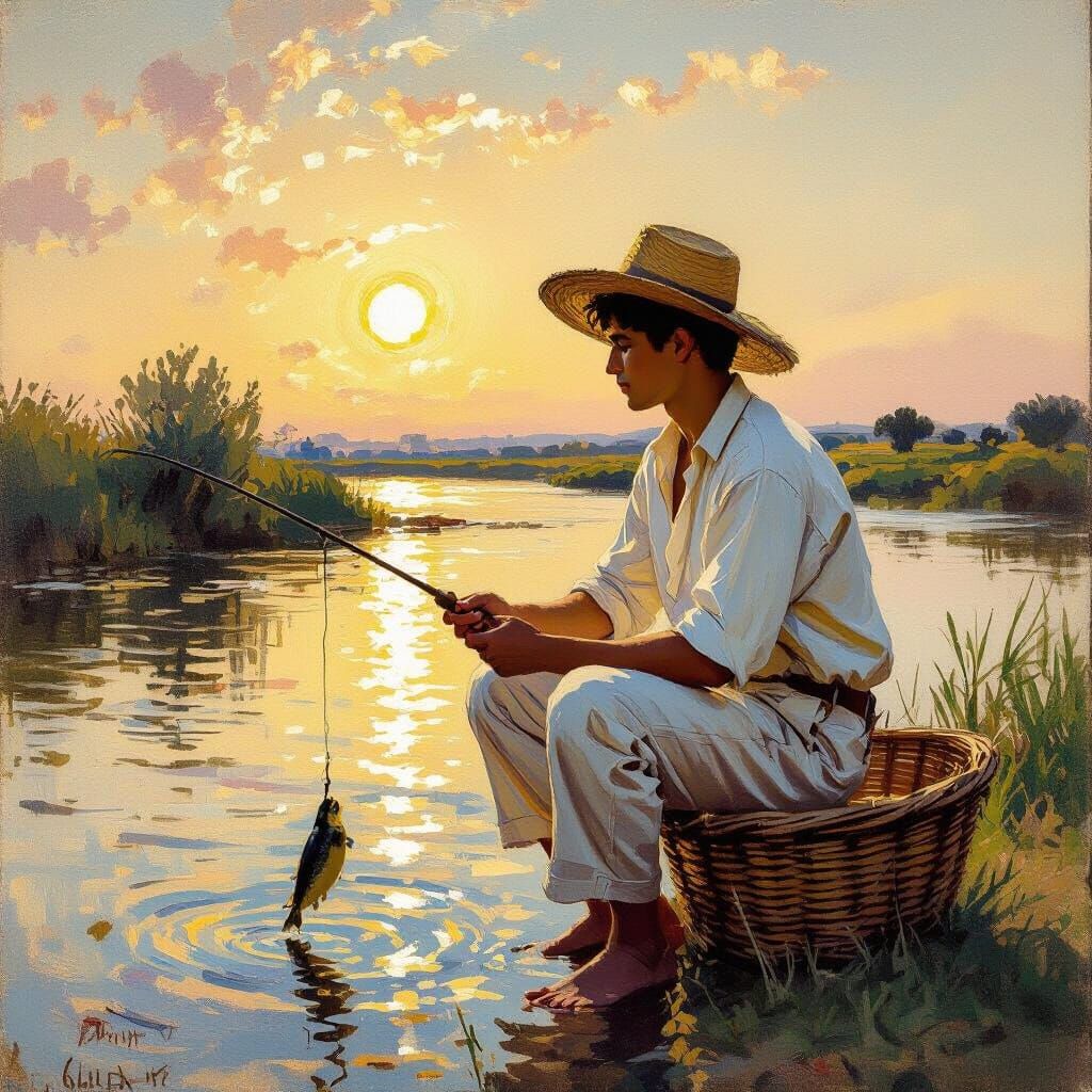 Young Man Fishing by Golden River in Impressionist Style