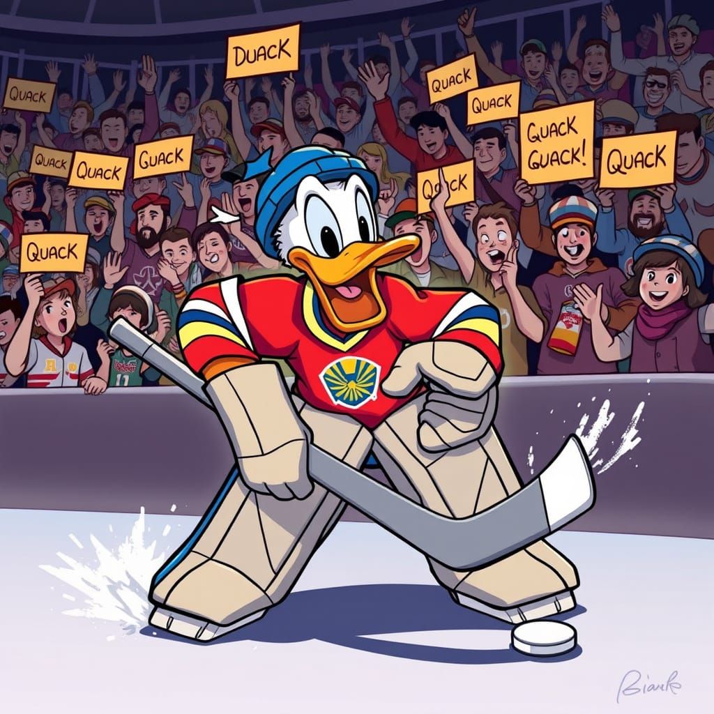 Vibrant Donald Duck Hockey Goalie in Action