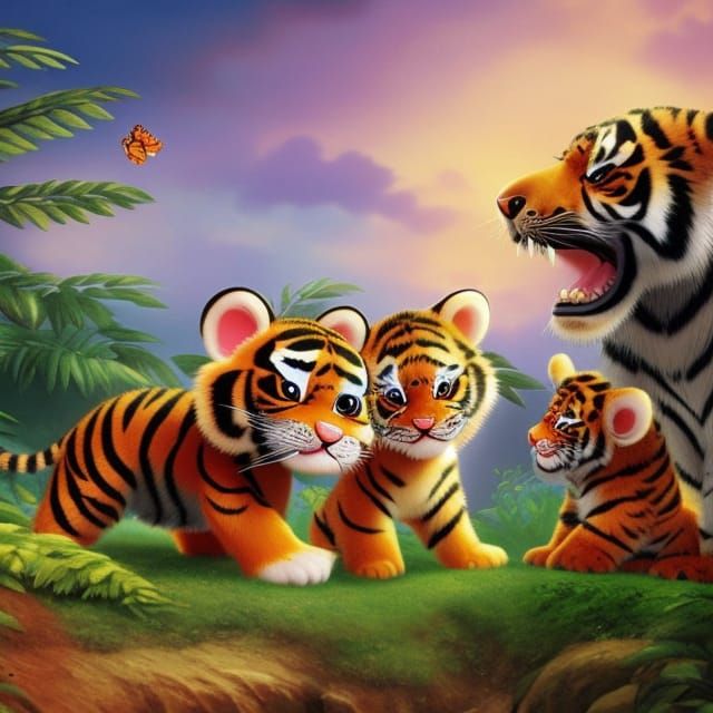 Baby Tiger Chasing Butterflies in Lush Jungle