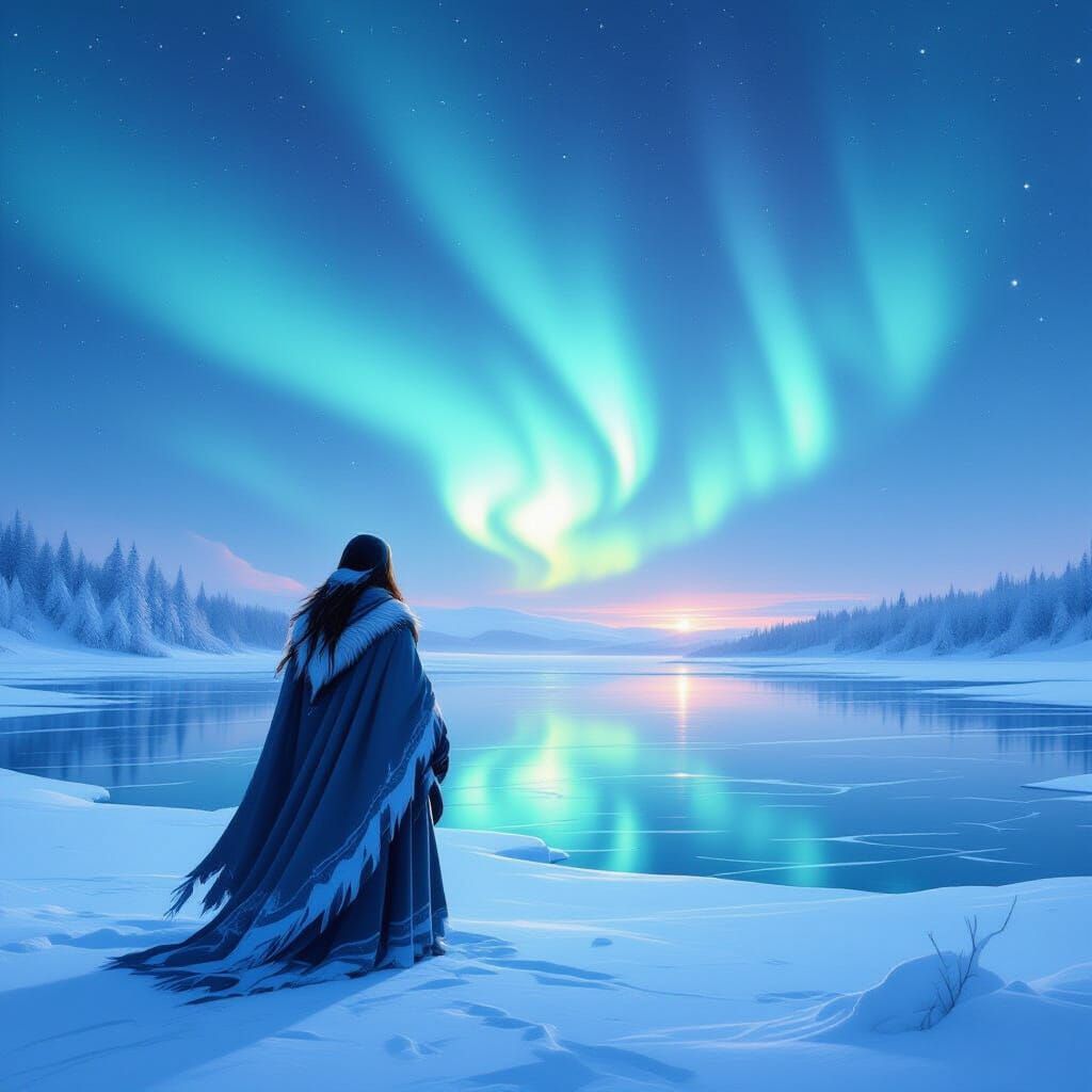 Shaman Gazes at Aurora Over Frozen Lake