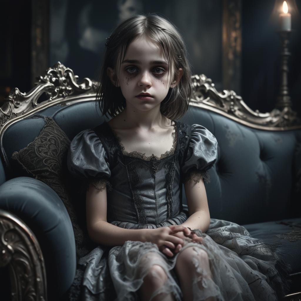 Hyper-realistic portrait
photography. A beautiful gothic child on a tattered Sofa. Soft focus. Ethereal, mystical atmos...