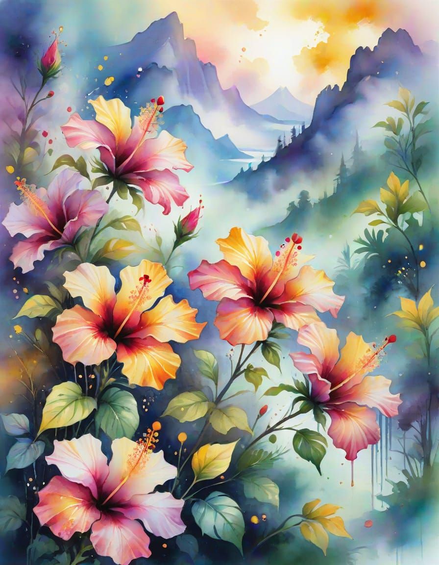 Magical Hibiscus Flowers in Watercolor Splash Art