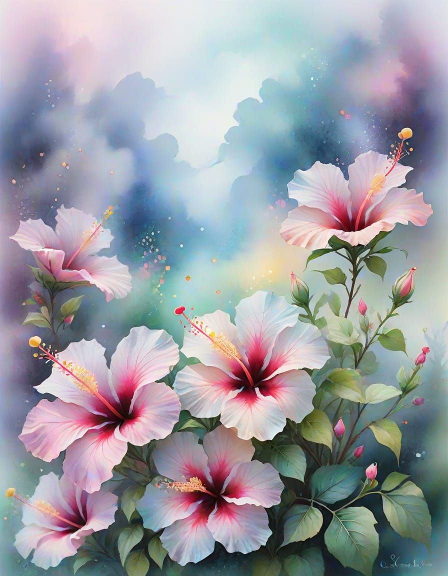 Magical Hibiscus Flowers in Dreamy Watercolor Style