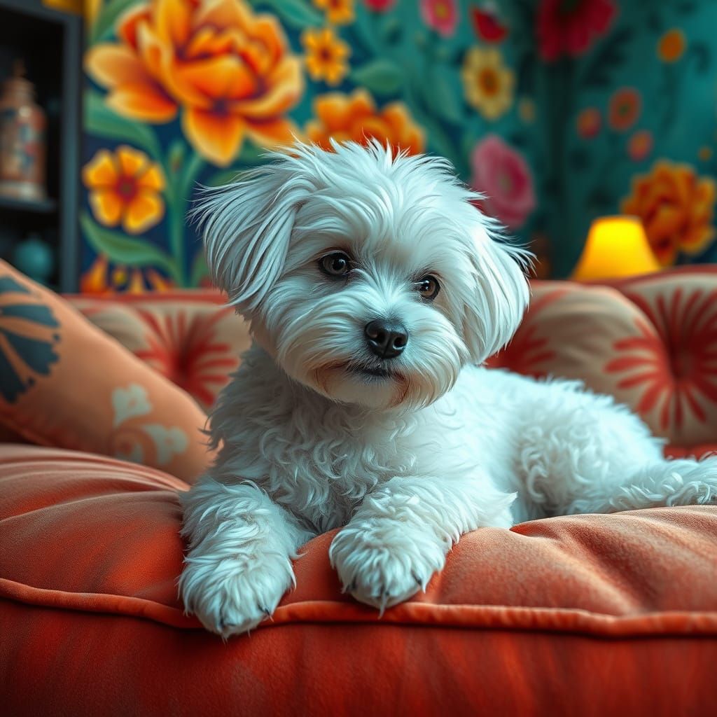 Surreal Portrait of a White Maltese Dog in a Retro Living Ro...