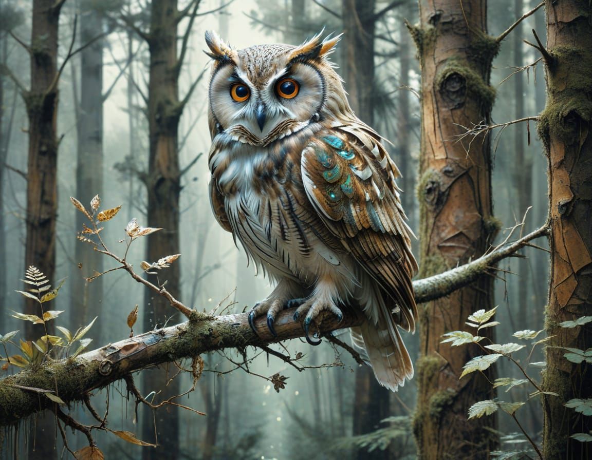 Surreal Forest Scene with Owl in Whimsical Watercolor