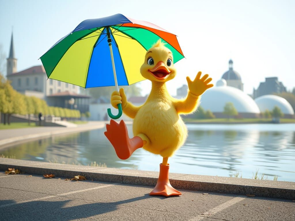 Happy Duckling Dancing with Umbrella in Pixar Style