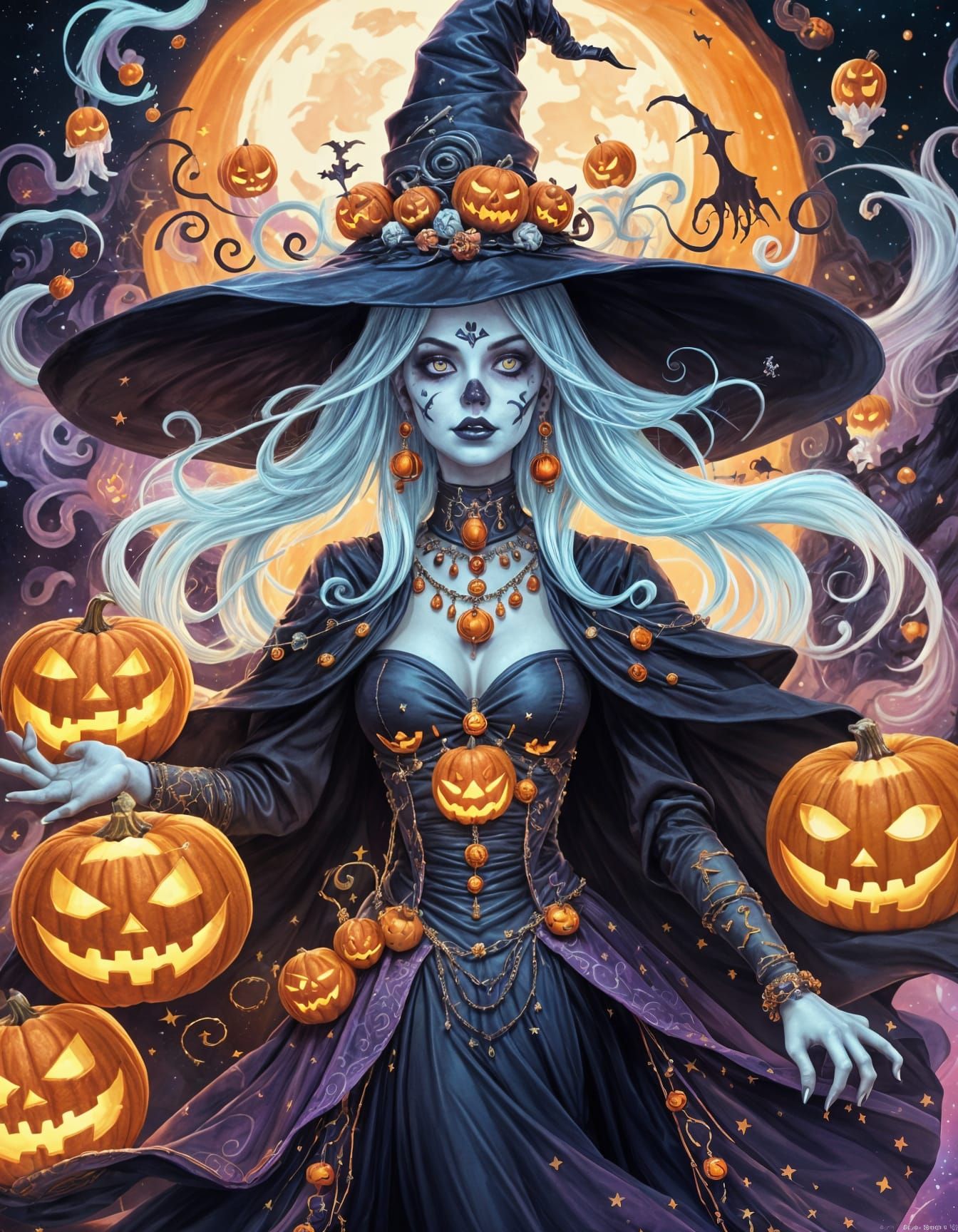 Halloween Goddess Rides Jack-O'-Lantern in Anime Style