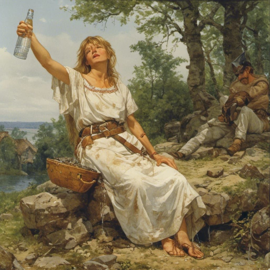 <lora:Vandal:1.0> drunk woman in a wet T-shirt with a bottle...