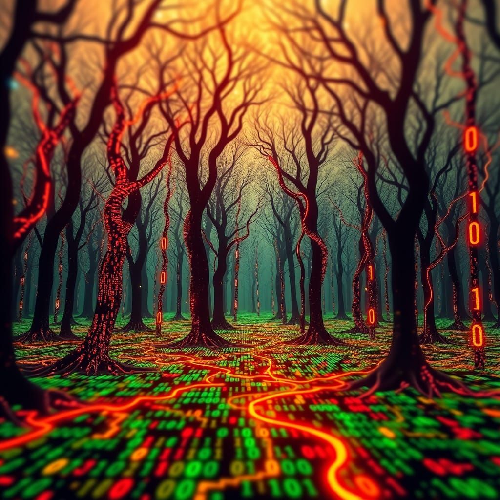 Digital Forest of Code and Binary in Glitch Art Style