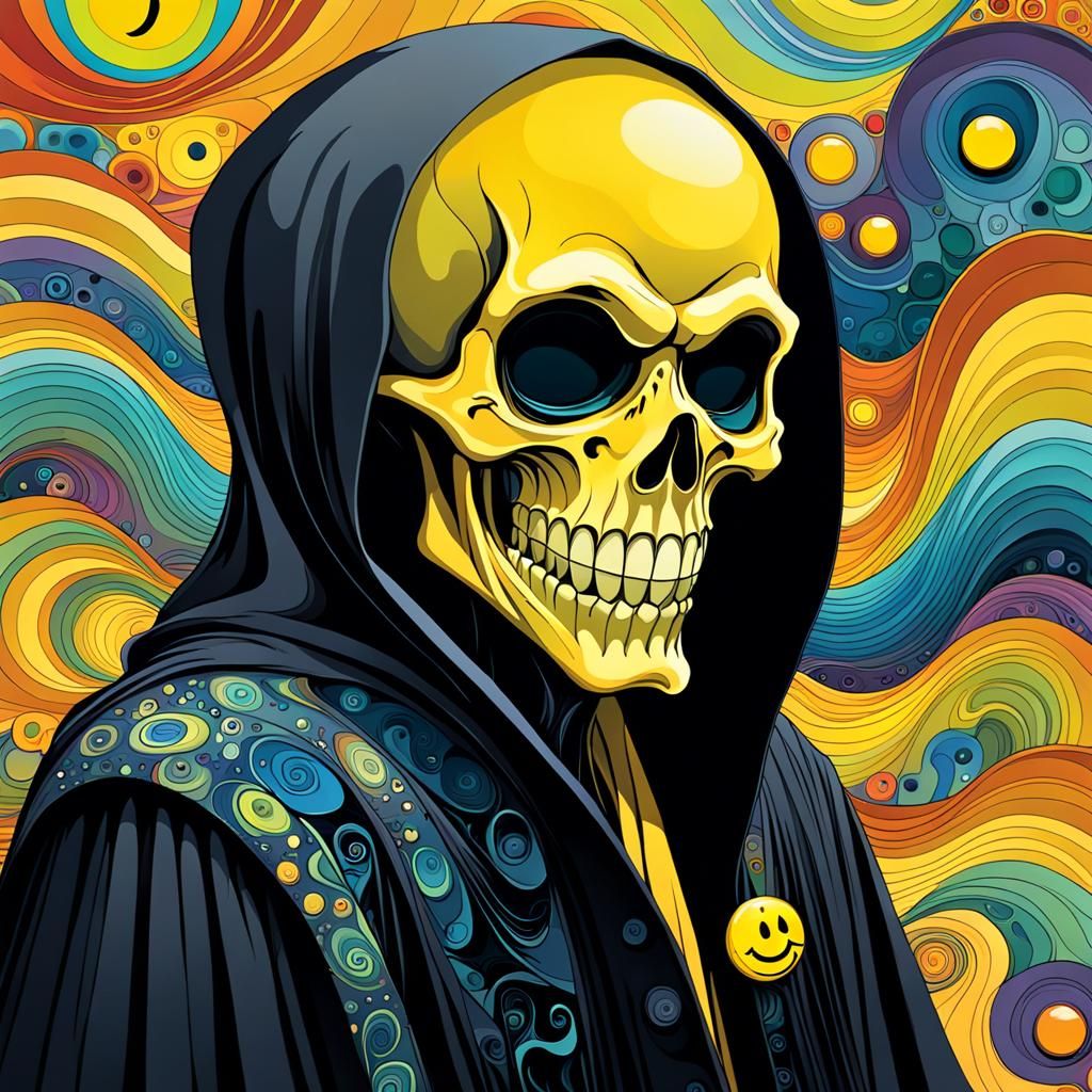 Humorous Grim Reaper with Smiley Face Button