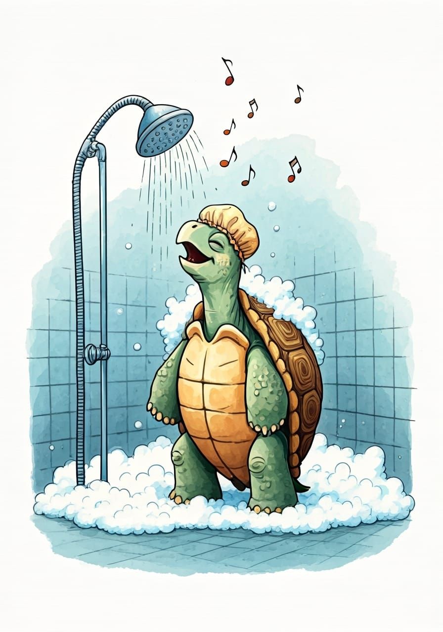 Joyful Turtle Singing in Shower, Whimsical Watercolor