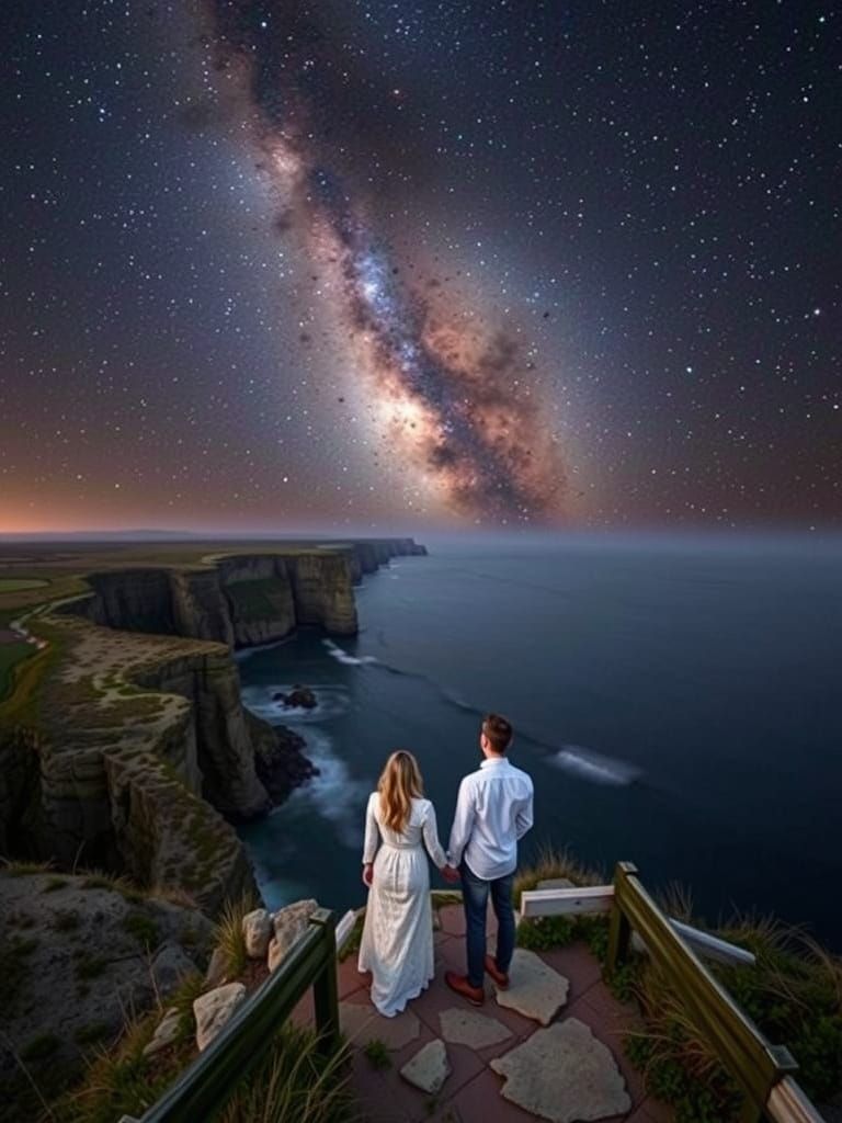 Couple Gazing at Milky Way Over Ocean