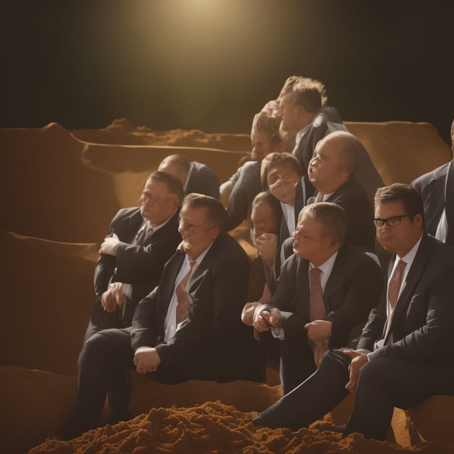 fat businessmen in a sandbox