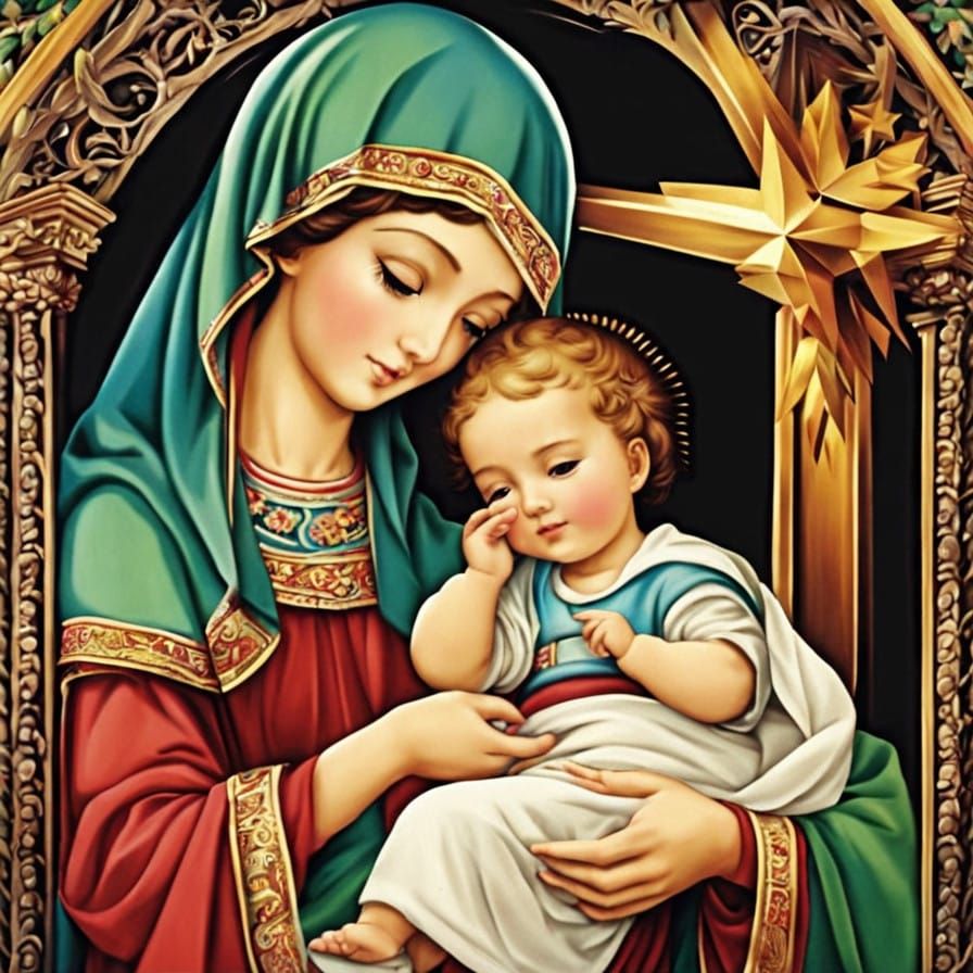 Mary and Jesus in Anime Style Stable